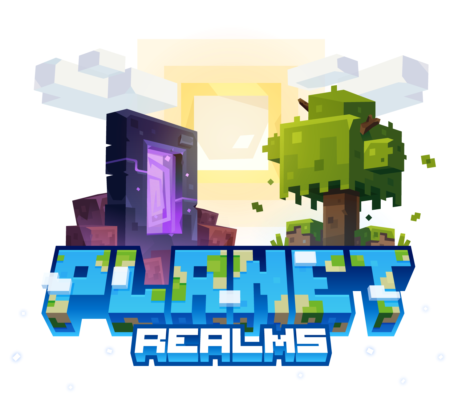 Planet Realms key art — a nether portal and a tree base